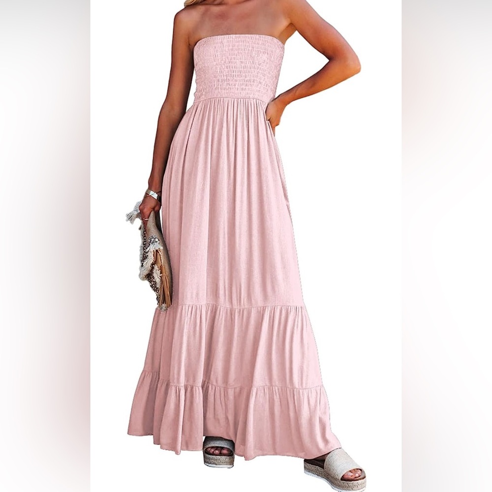Baby Pink Smocked Strapless Boho Maxi Dress 🎀